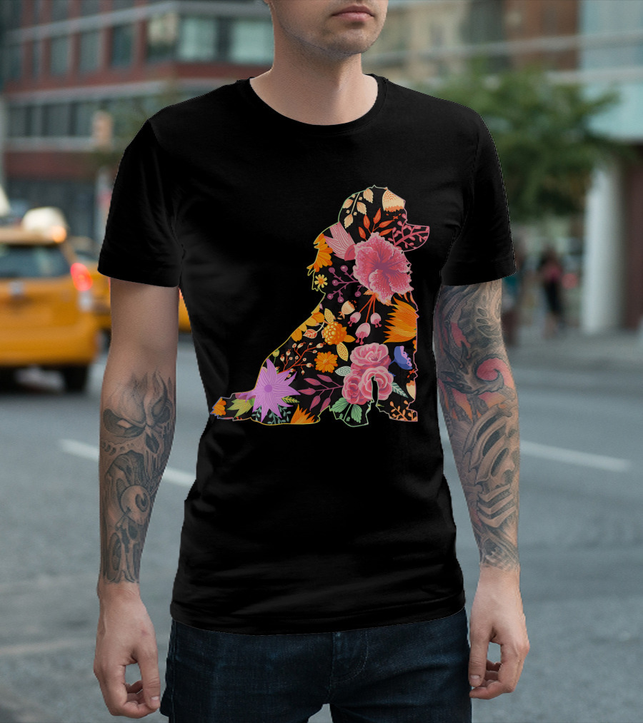 Floral Flower Vintage Retro Tea Cup Poodle Silhouette with Colorful Botanical T-Shirt