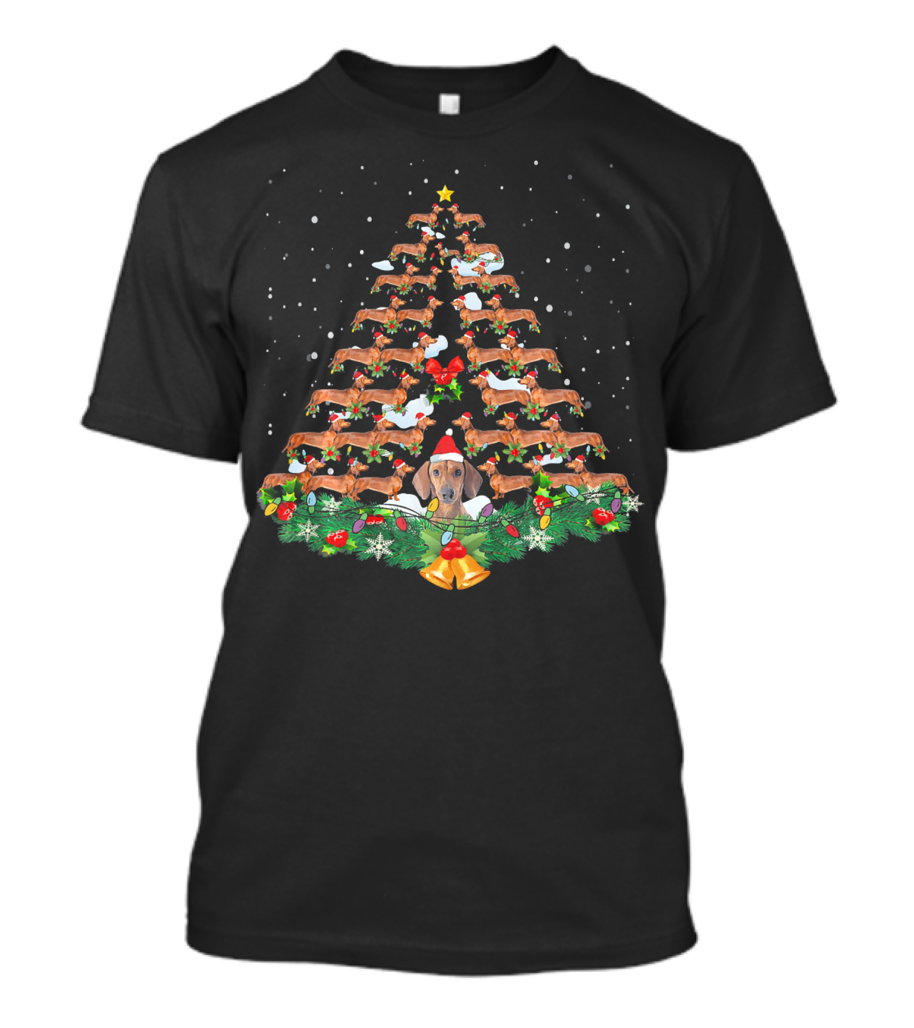 Dachshund Dog Christmas Tree Lights Santa Hat Holiday T-Shirt