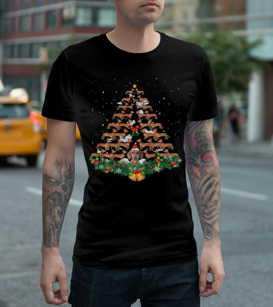 Dachshund Dog Christmas Tree Lights Santa Hat Holiday T-Shirt