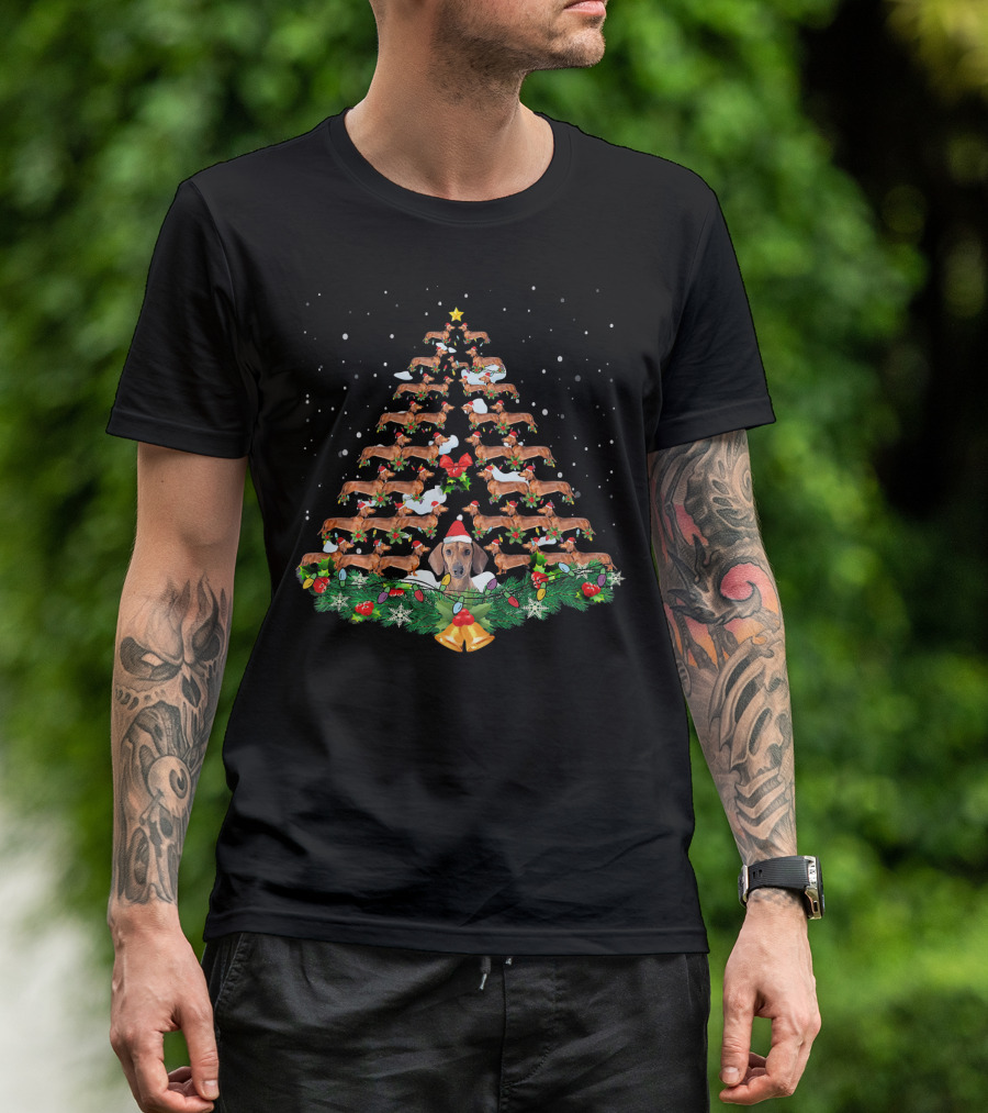 Dachshund Dog Christmas Tree Lights Santa Hat Holiday T-Shirt