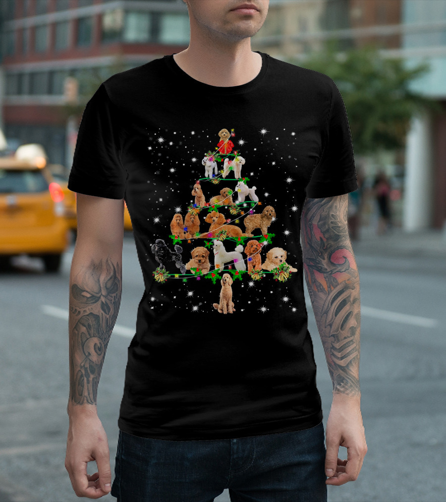 Poodle Christmas Tree with Funny Holiday Dogs and Starry Night T-Shirt
