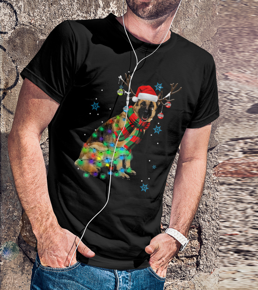 Christmas German Shepherd With Santa Hat And Antlers T-Shirt
