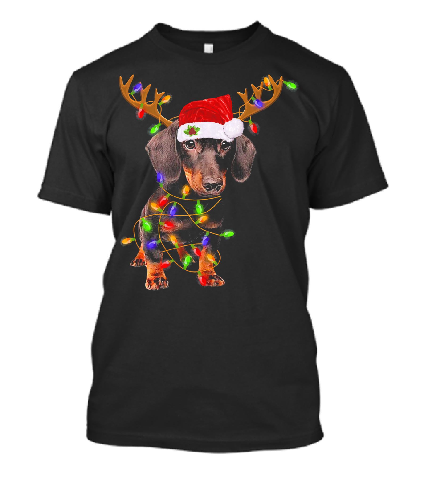 Dachshund With Santa Hat Reindeer Antlers Christmas Lights T-Shirt