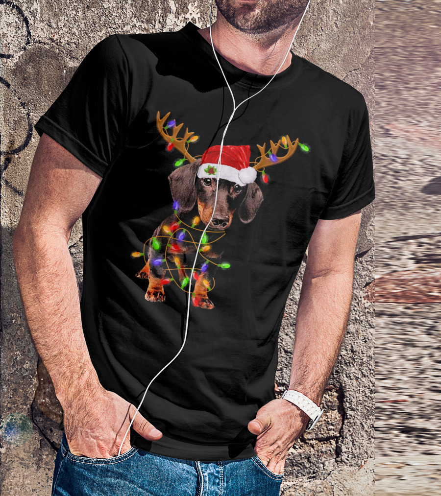 Dachshund With Santa Hat Reindeer Antlers Christmas Lights T-Shirt