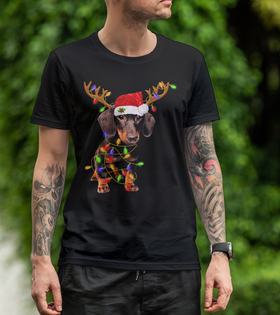Dachshund With Santa Hat Reindeer Antlers Christmas Lights T-Shirt