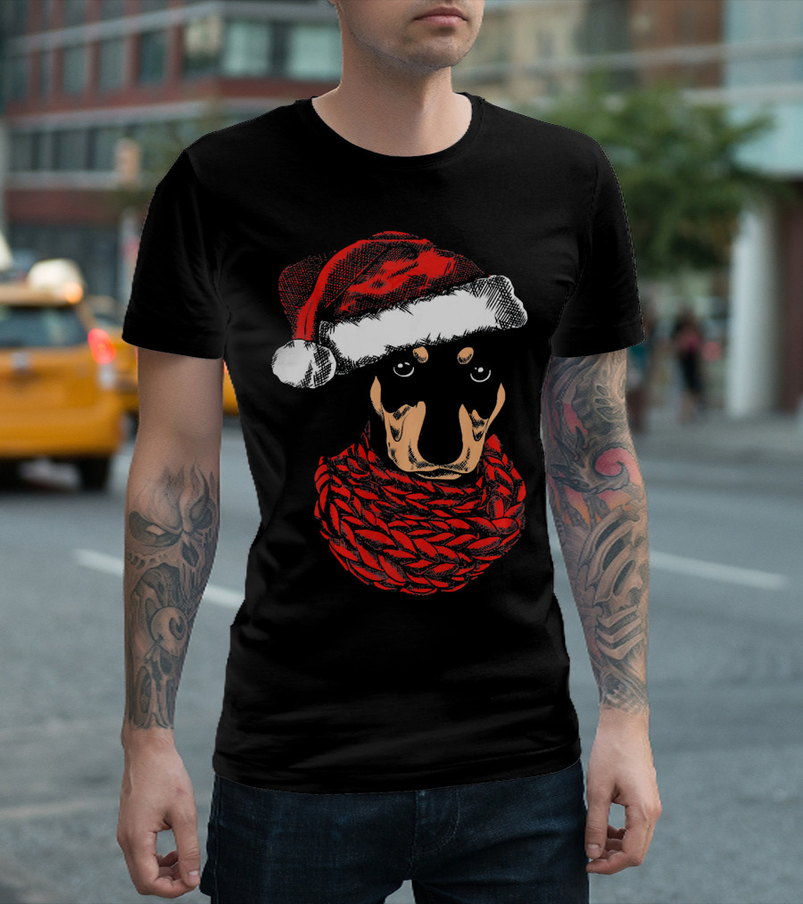 Dachshund Dog Christmas Santa Hat Red Scarf T-Shirt