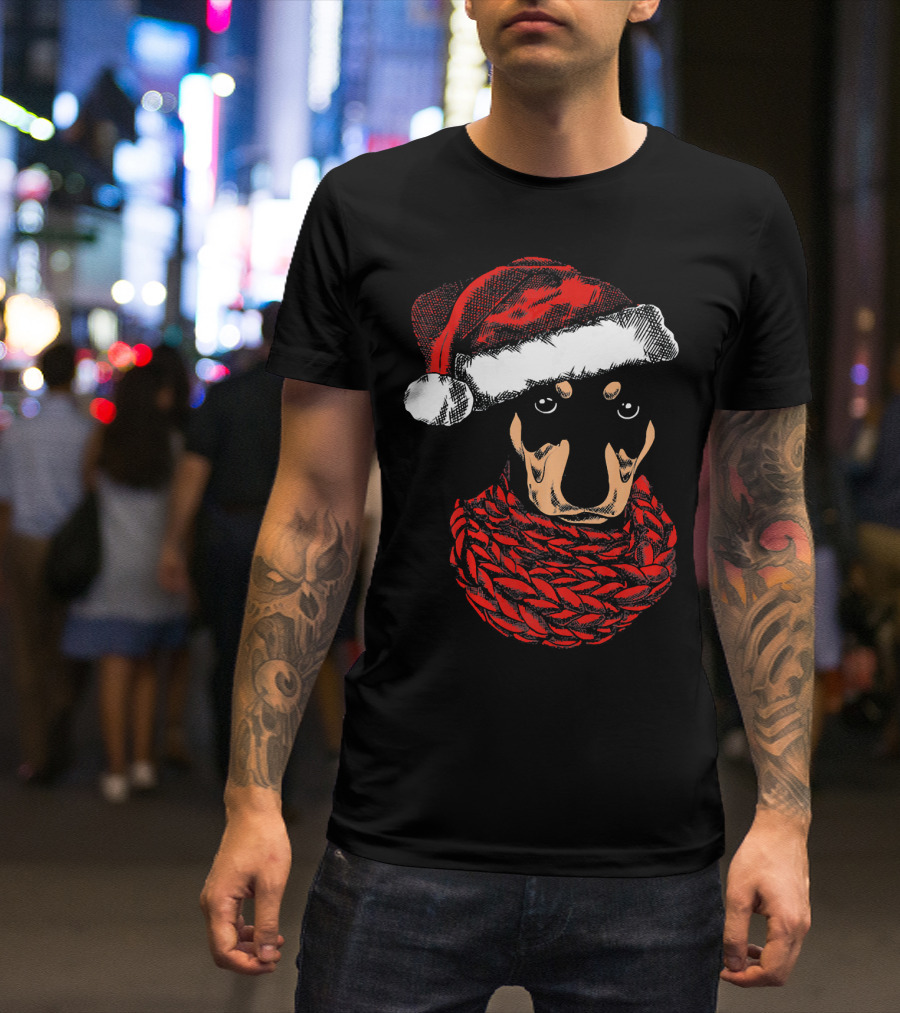 Dachshund Dog Christmas Santa Hat Red Scarf T-Shirt