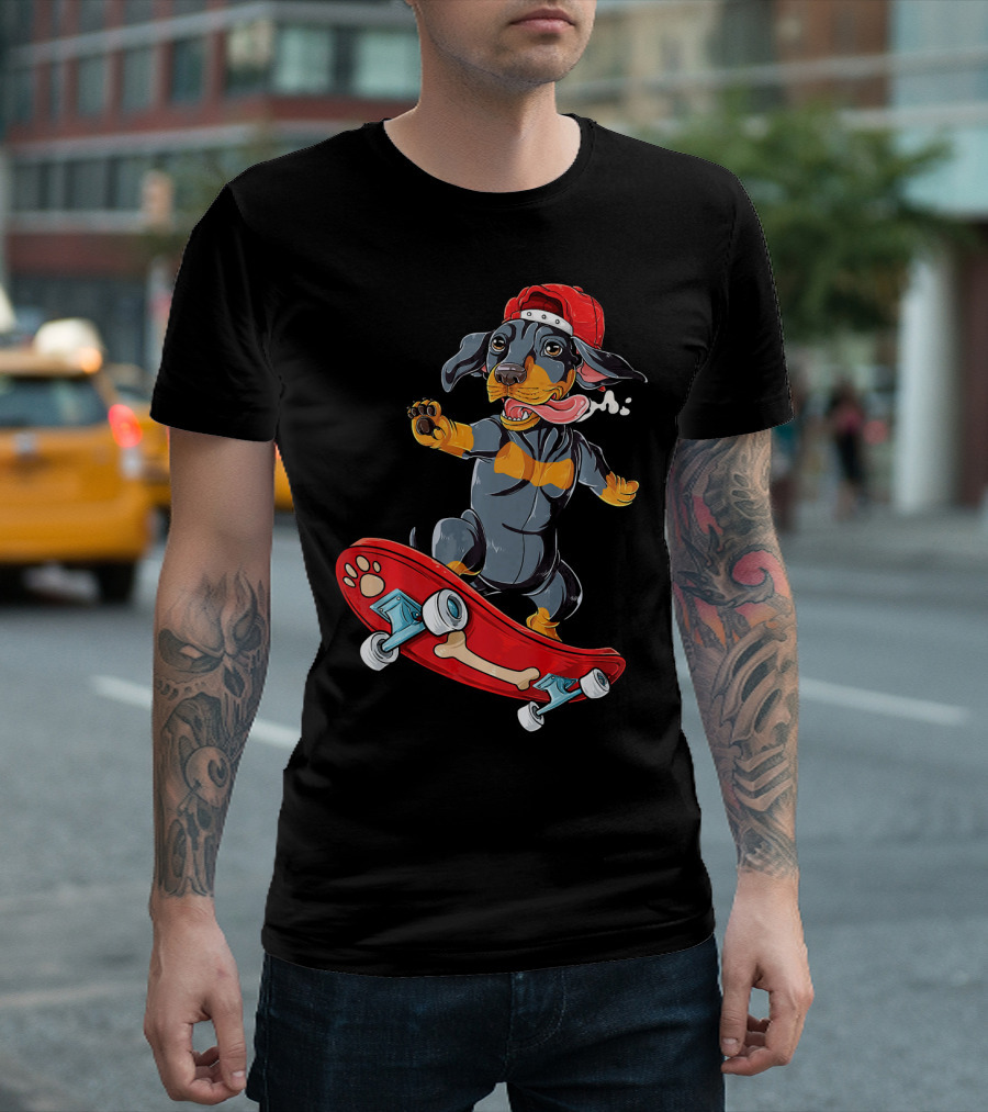 Dachshund Skateboard Wiener Dog in Red Cap with Bone Deck T-Shirt