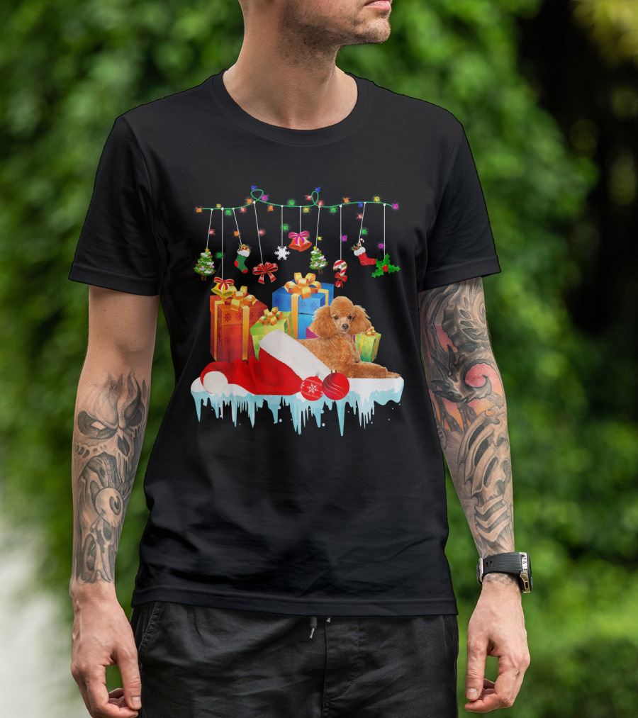 Funny Poodle Christmas Santa Hat Xmas Presents And Decorations T-Shirt