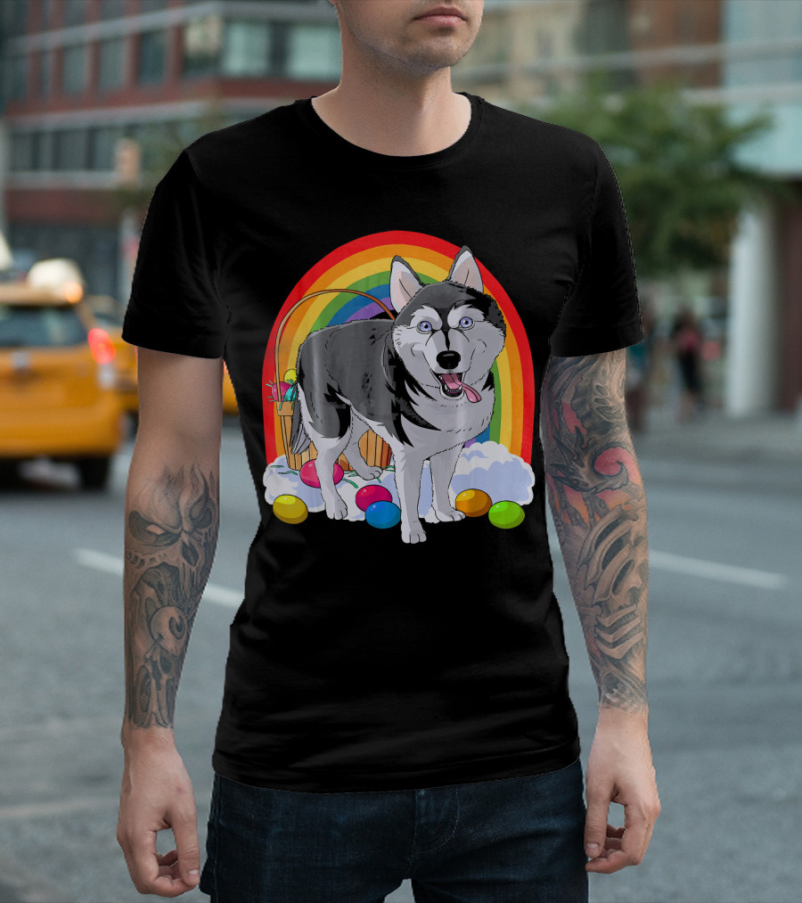 Siberian Husky with Easter Eggs and Rainbow T-Shirt