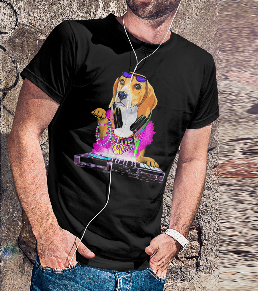 Funny Beagle DJ Disco Dog With Headphones And Colorful Accessories T-Shirt