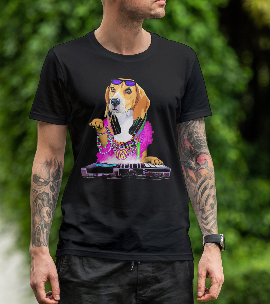 Funny Beagle DJ Disco Dog With Headphones And Colorful Accessories T-Shirt