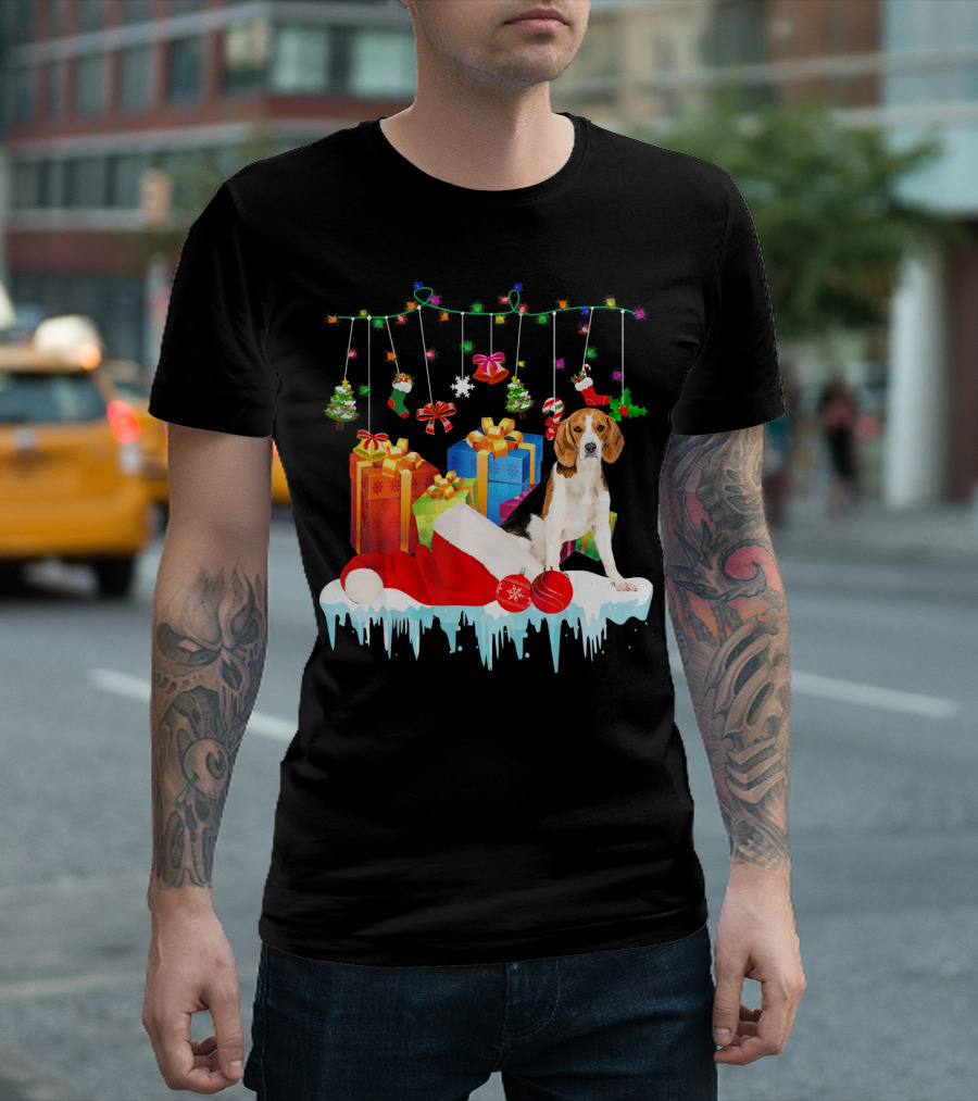 Funny Beagle Santa Hat Christmas Presents Holiday Lights Xmas T-Shirt