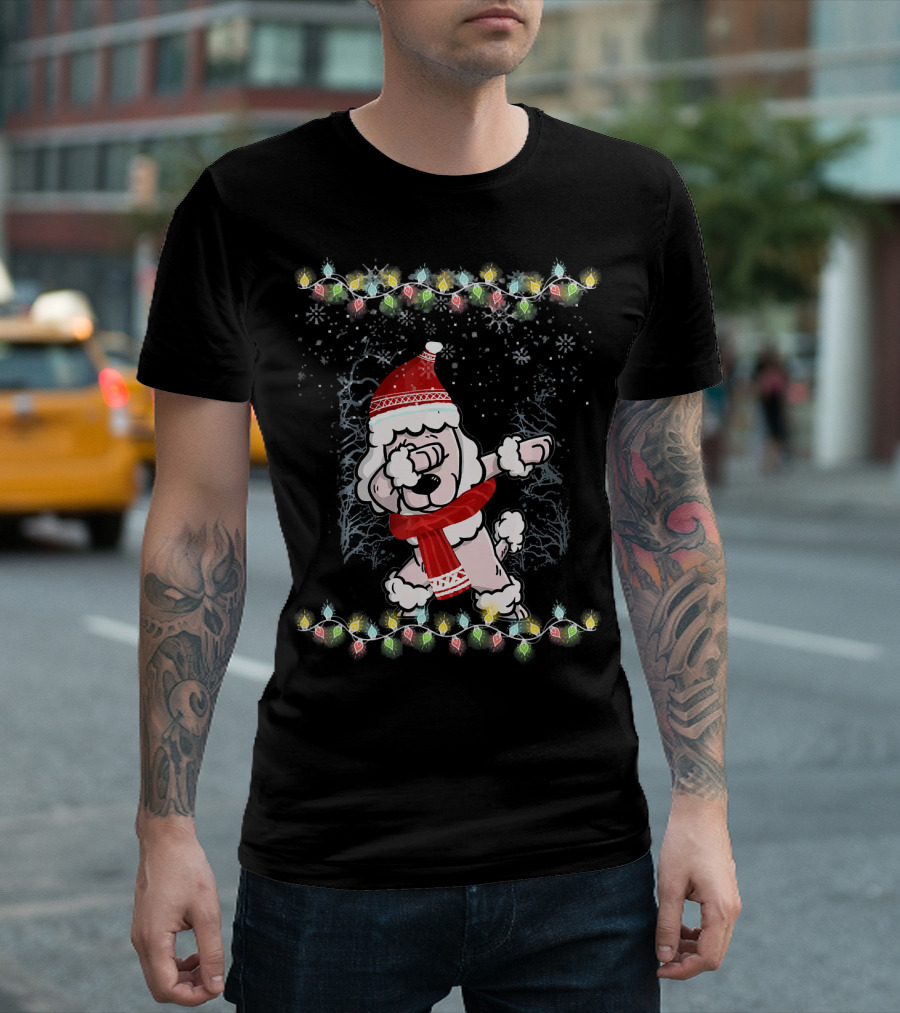 Dabbing Poodle in Santa Hat with Festive Christmas Lights T-Shirt