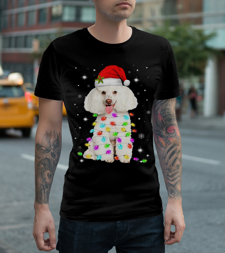French Poodle Santa Hat Christmas Lights Snowflakes T-Shirt
