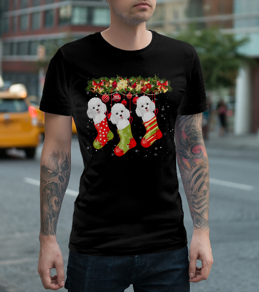 Funny Poodle Christmas Socks Hanging Adorable Poodles Celebrate Holiday Season T-Shirt