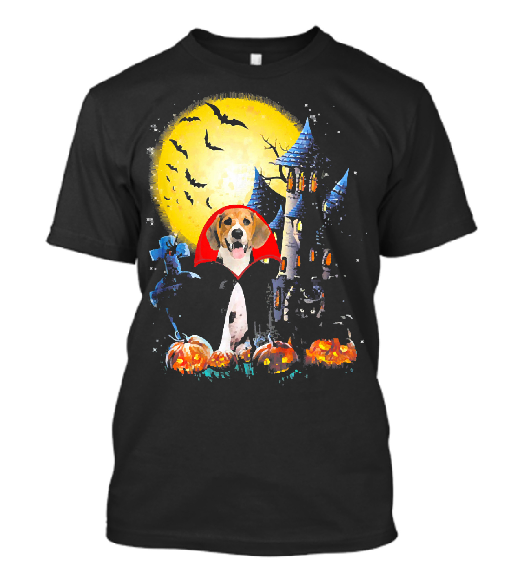 Halloween Vampire Beagle With Haunted Castle And Pumpkin Patch T-Shirt