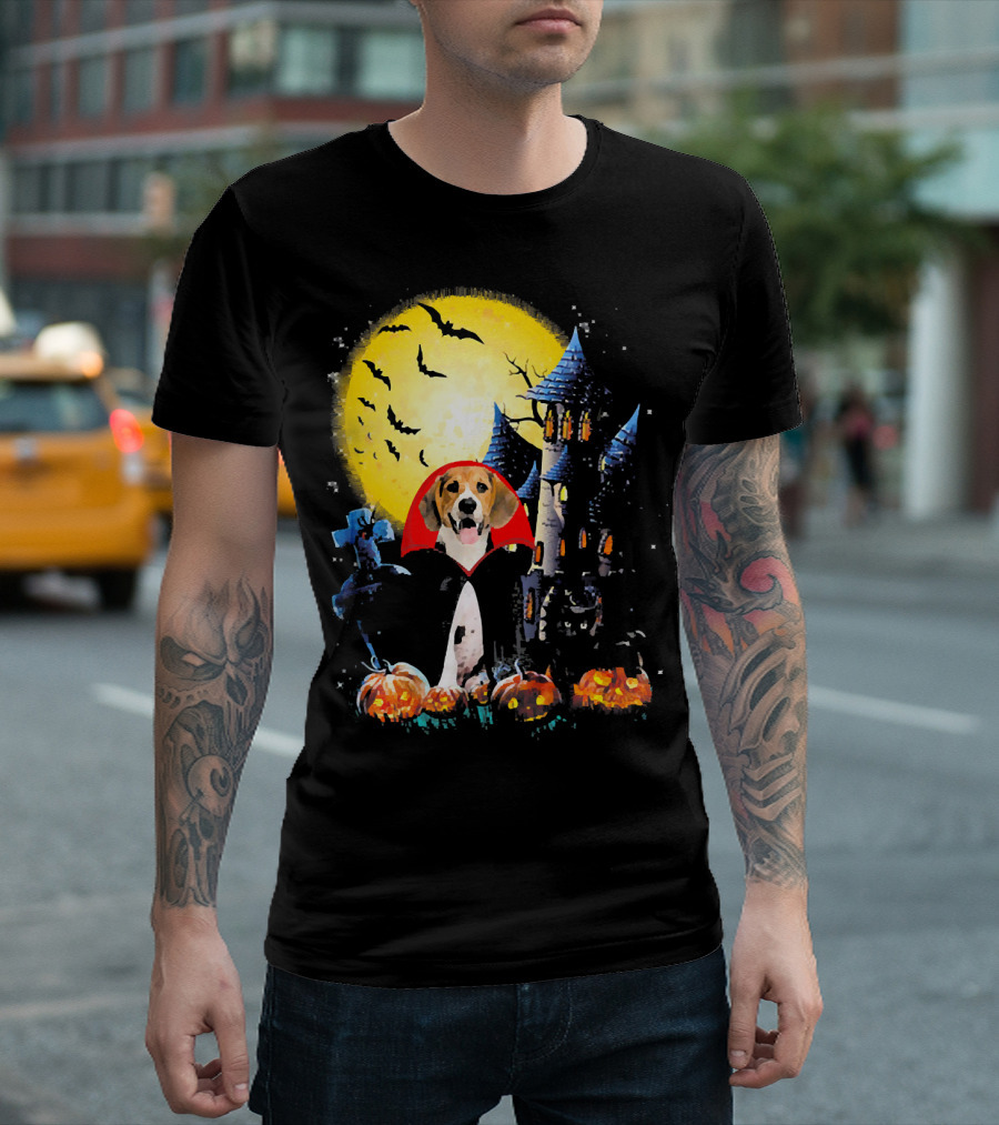 Halloween Vampire Beagle With Haunted Castle And Pumpkin Patch T-Shirt