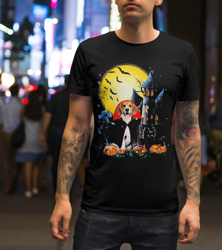 Halloween Vampire Beagle With Haunted Castle And Pumpkin Patch T-Shirt