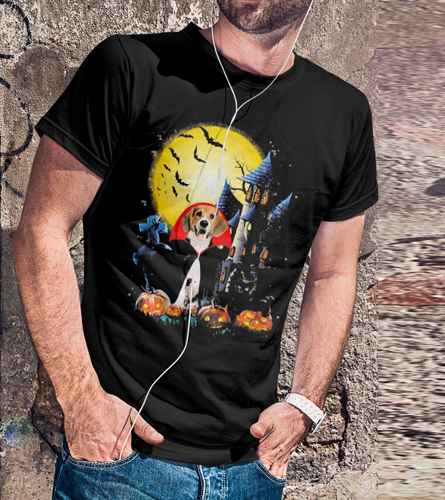 Halloween Vampire Beagle With Haunted Castle And Pumpkin Patch T-Shirt