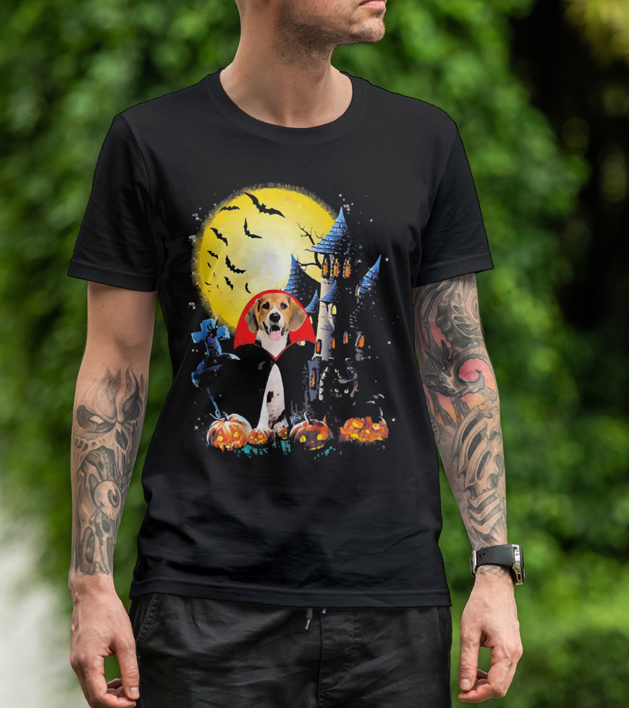 Halloween Vampire Beagle With Haunted Castle And Pumpkin Patch T-Shirt
