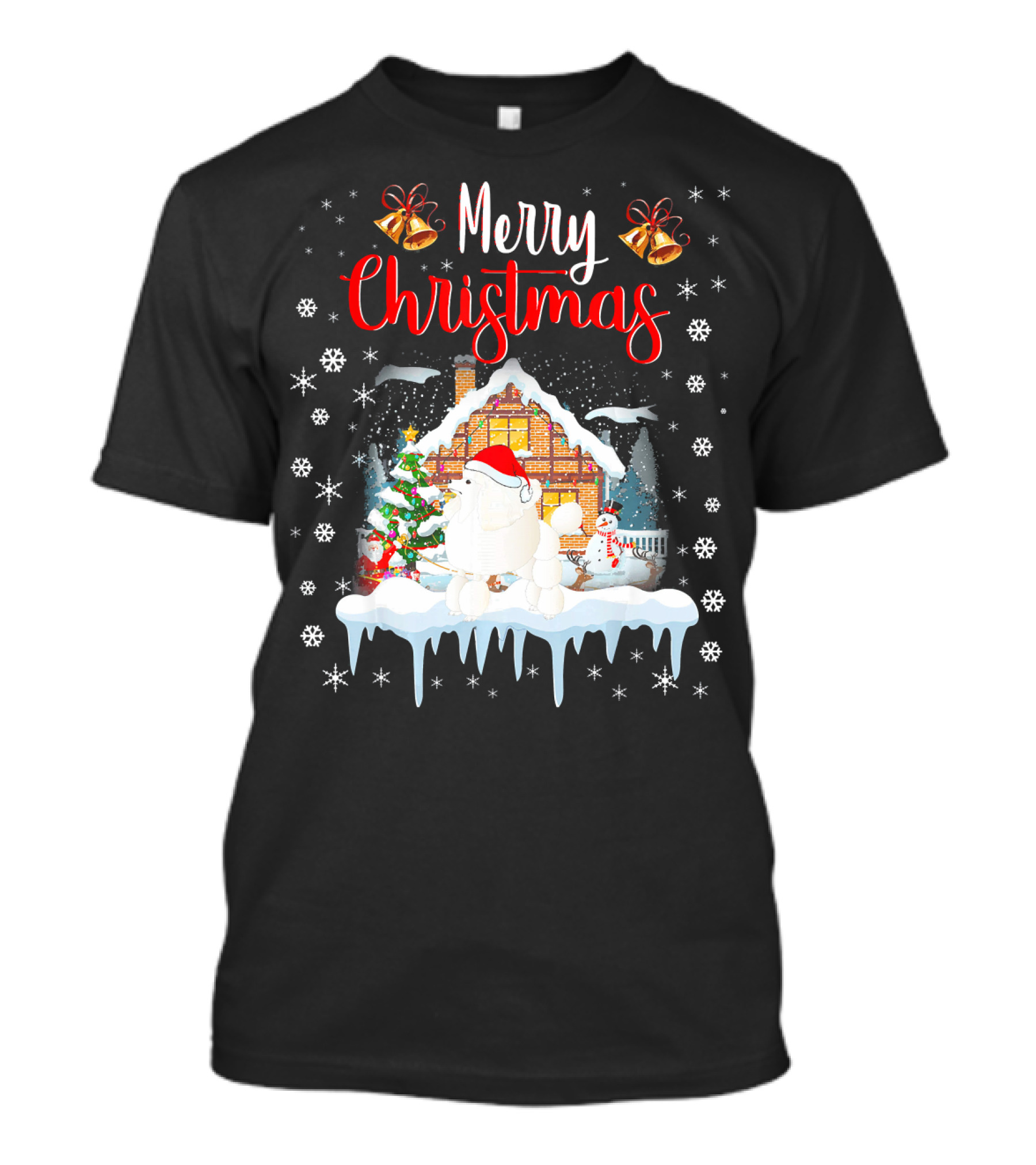 Merry Christmas Funny Poodle Santa Hat Snowy House Scene T-Shirt