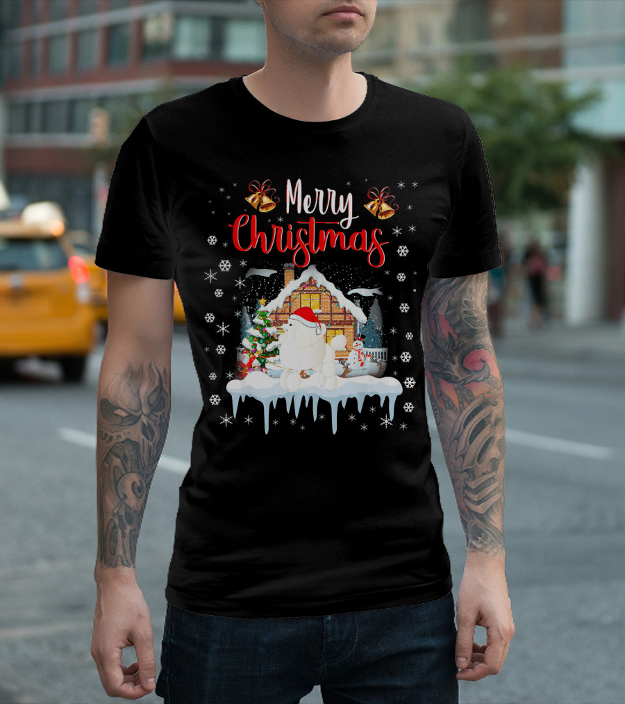Merry Christmas Funny Poodle Santa Hat Snowy House Scene T-Shirt