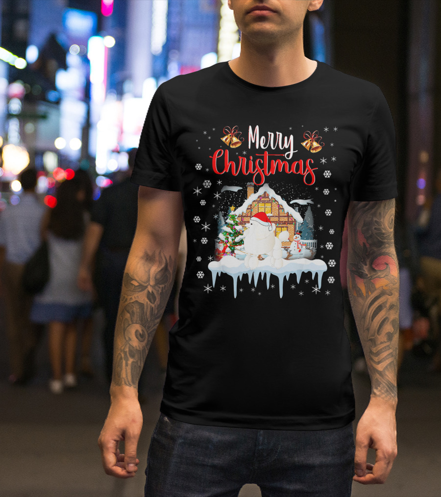 Merry Christmas Funny Poodle Santa Hat Snowy House Scene T-Shirt
