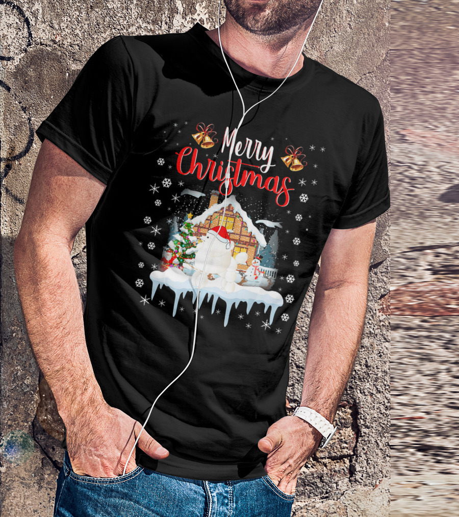Merry Christmas Funny Poodle Santa Hat Snowy House Scene T-Shirt