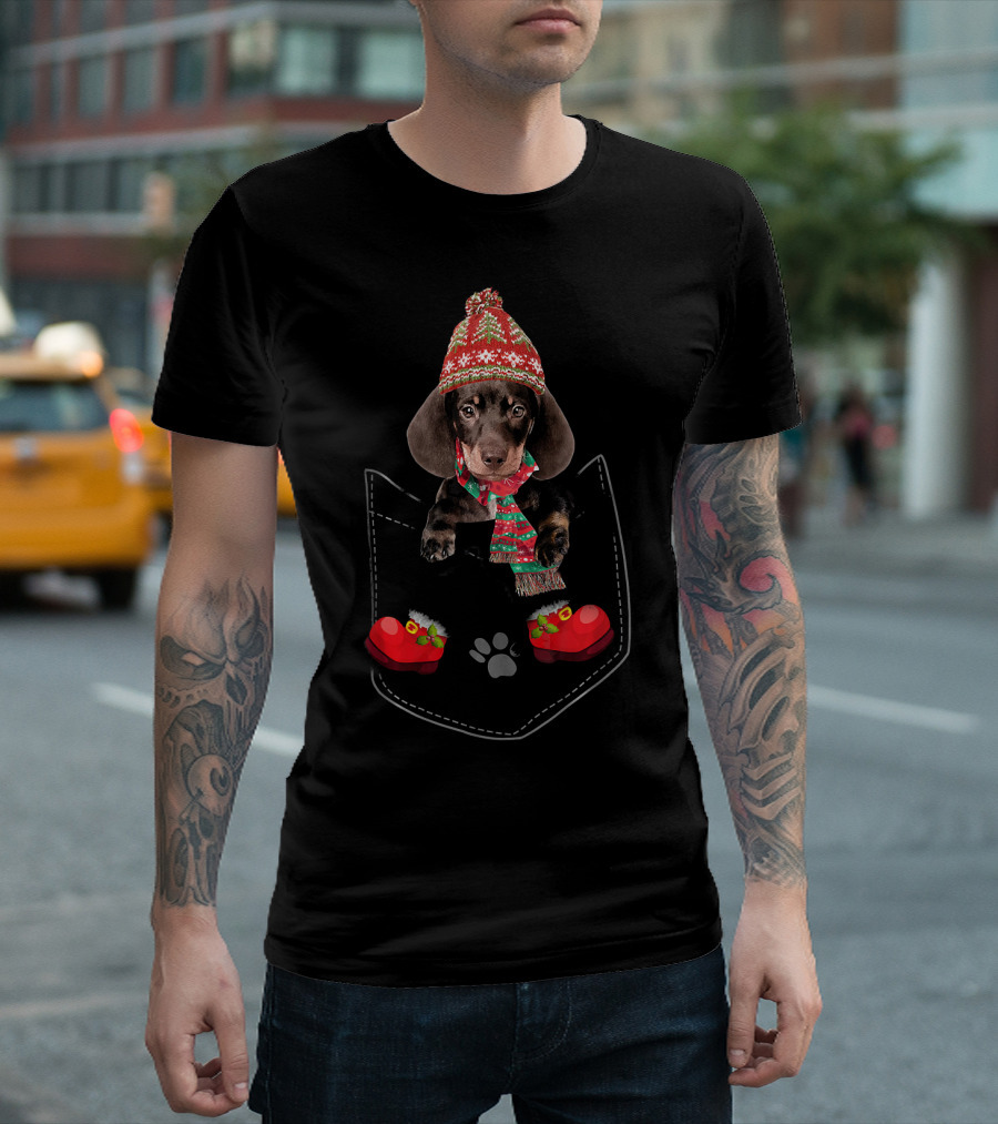 Dachshund in Festive Hat and Scarf in Pocket with Paw Prints T-Shirt