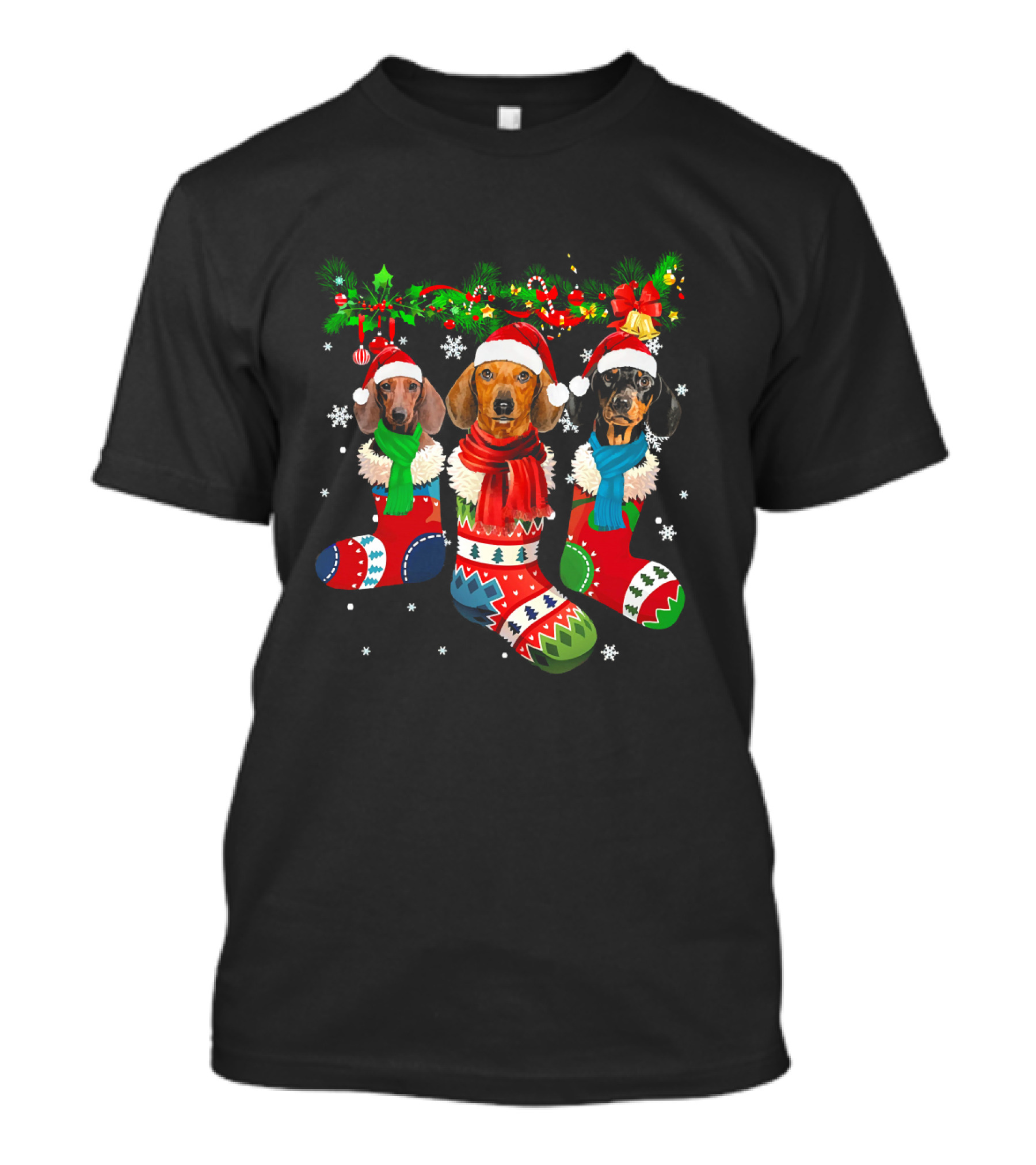 Dachshund In Christmas Sock Festive Trio With Santa Hats And Snowflakes T-Shirt