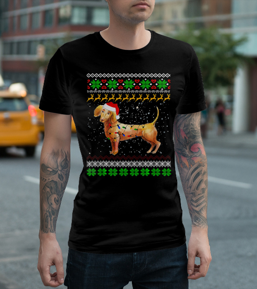 Dachshund Christmas Lights Funny Dog Santa Hat Reindeer Clover Snowflakes T-Shirt