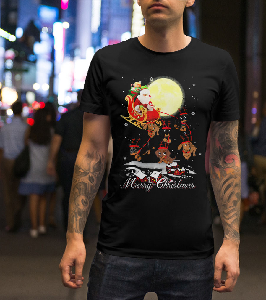Merry Christmas Dachshund Reindeer Santa Sleigh T-Shirt