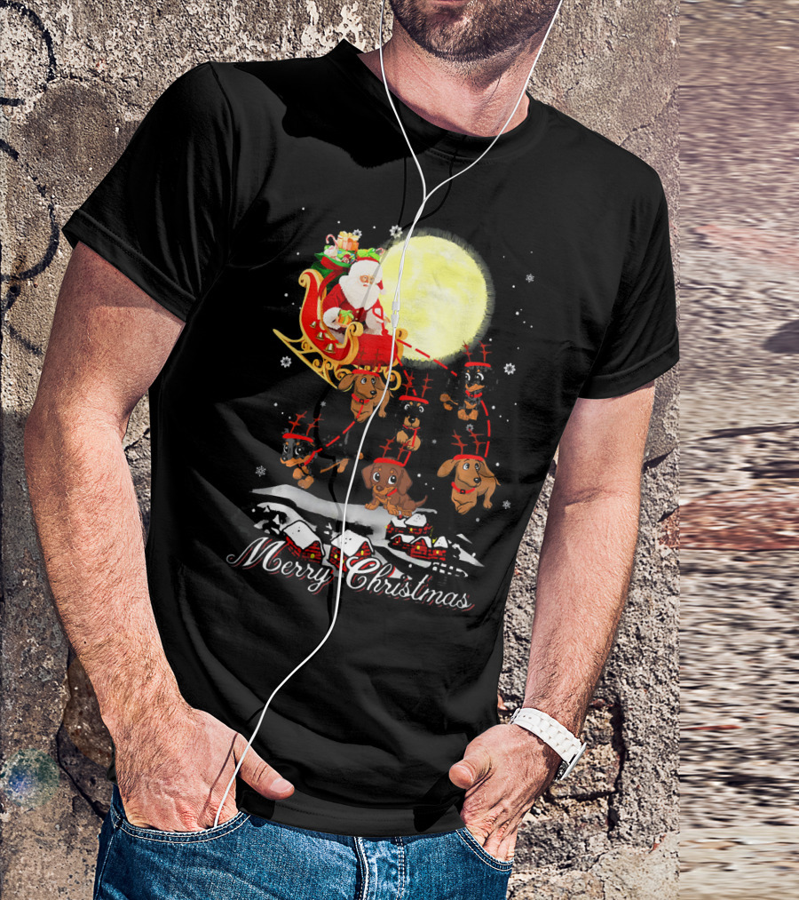 Merry Christmas Dachshund Reindeer Santa Sleigh T-Shirt