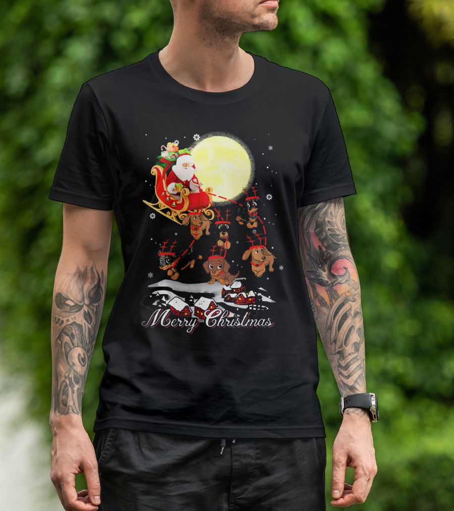 Merry Christmas Dachshund Reindeer Santa Sleigh T-Shirt