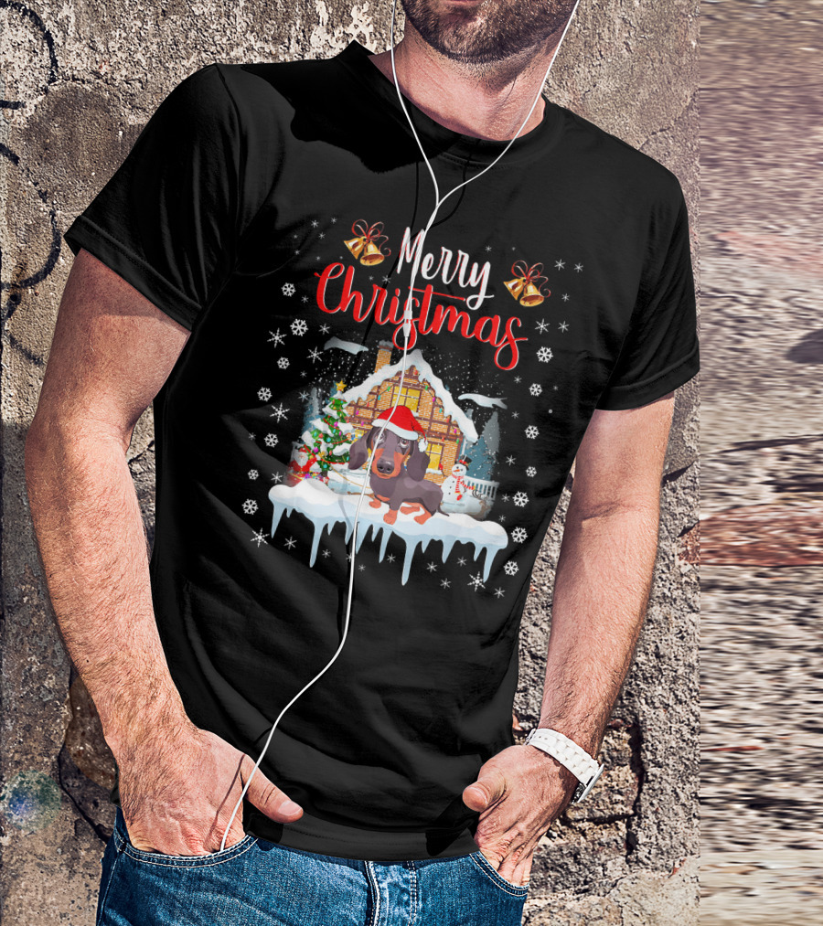 Merry Christmas Dachshund In Santa Hat Festive Holiday Scene With Snowflakes And Bells T-Shirt