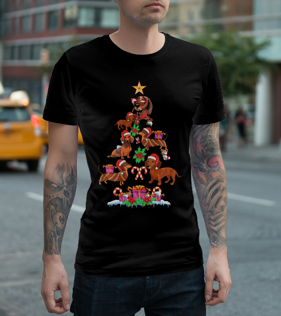 Dachshund Christmas Tree with Santa Hats and Presents T-Shirt