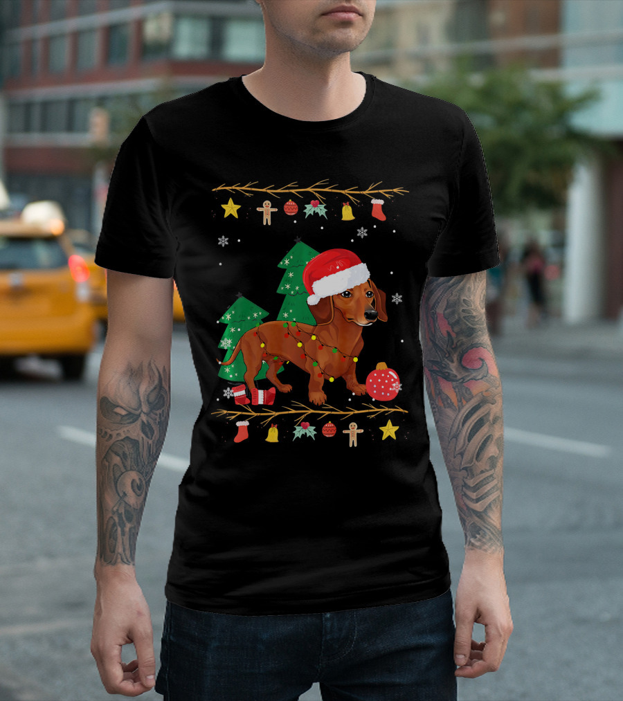 Dachshund Festive Christmas Lights with Santa Hat and Holiday Decorations T-Shirt