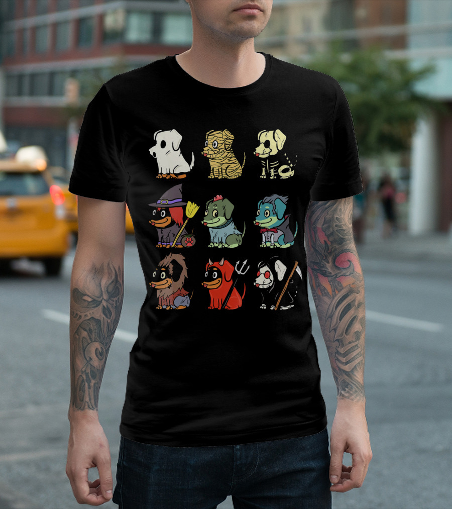 Dachshund Ghost Mummy Skeleton Witch Frankenstein Werewolf Devil Grim Reaper T-Shirt