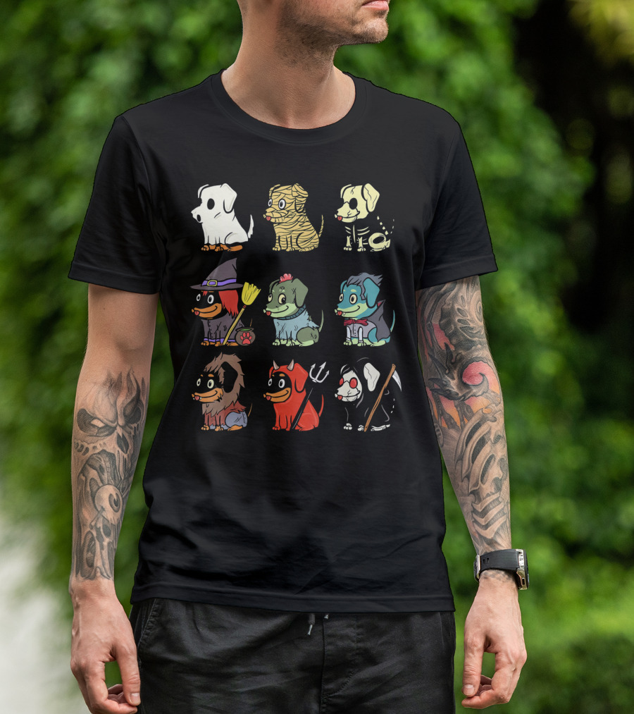 Dachshund Ghost Mummy Skeleton Witch Frankenstein Werewolf Devil Grim Reaper T-Shirt