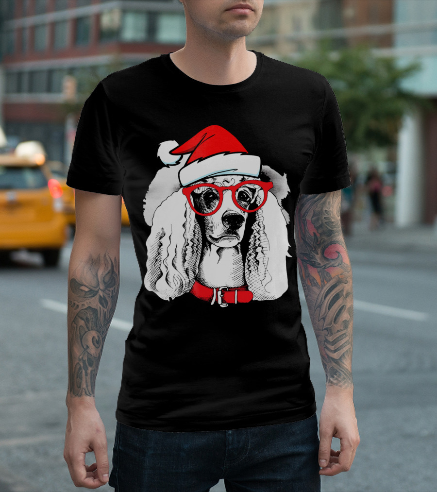 Santa Poodle Dog With Red Hat And Glasses T-Shirt