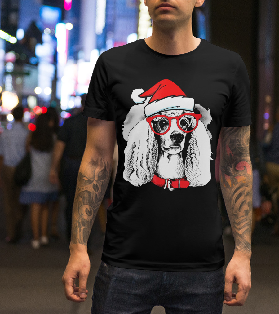 Santa Poodle Dog With Red Hat And Glasses T-Shirt