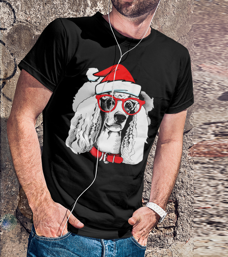 Santa Poodle Dog With Red Hat And Glasses T-Shirt