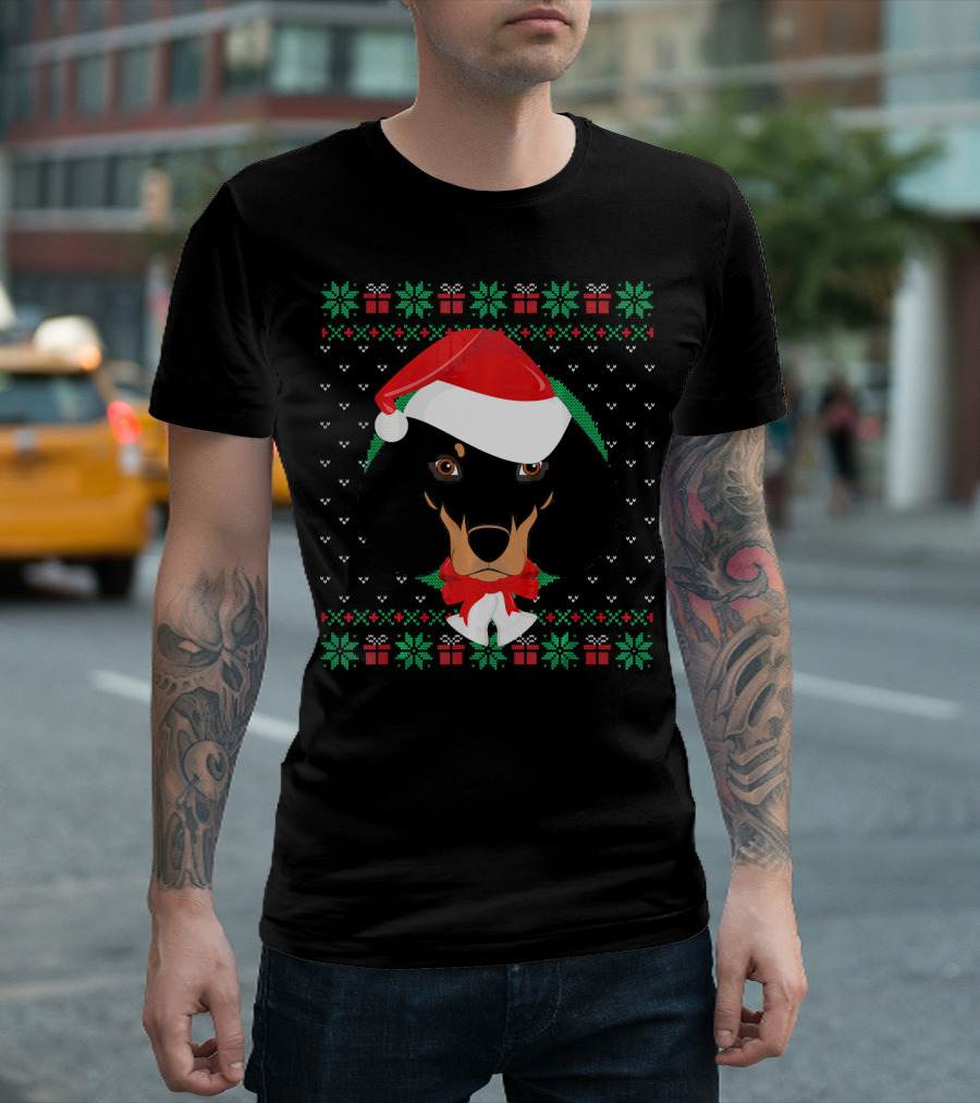 Dachshund Christmas Santa Hat Green Red Black Holiday T-Shirt