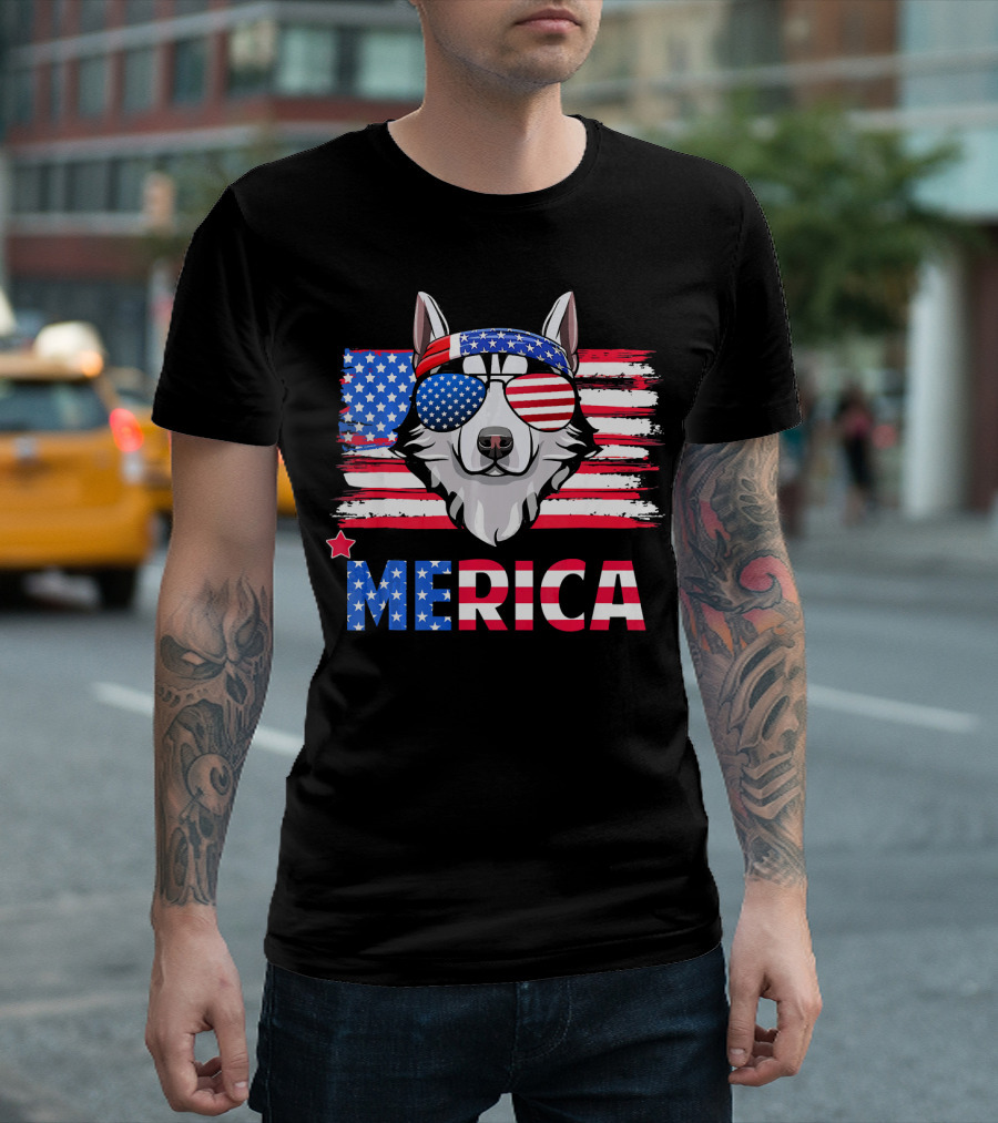 Patriotic Funny Hanging With Husky Mom Merica American Flag Sunglasses Bandana T-Shirt