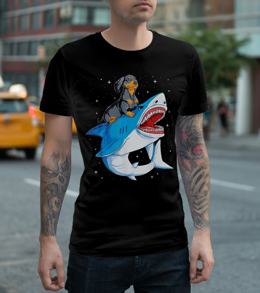 Dachshund Riding A Shark In Space Gala T-Shirt