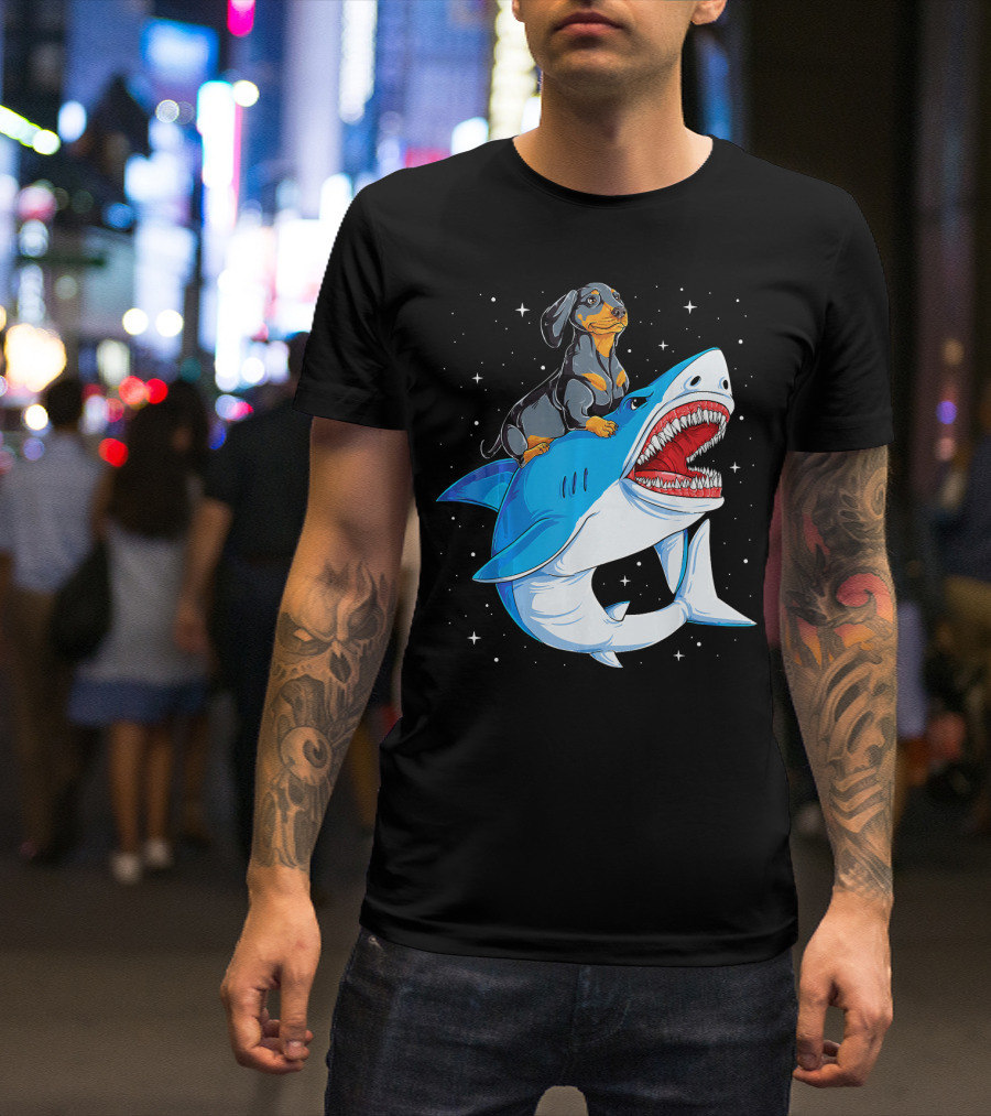 Dachshund Riding A Shark In Space Gala T-Shirt