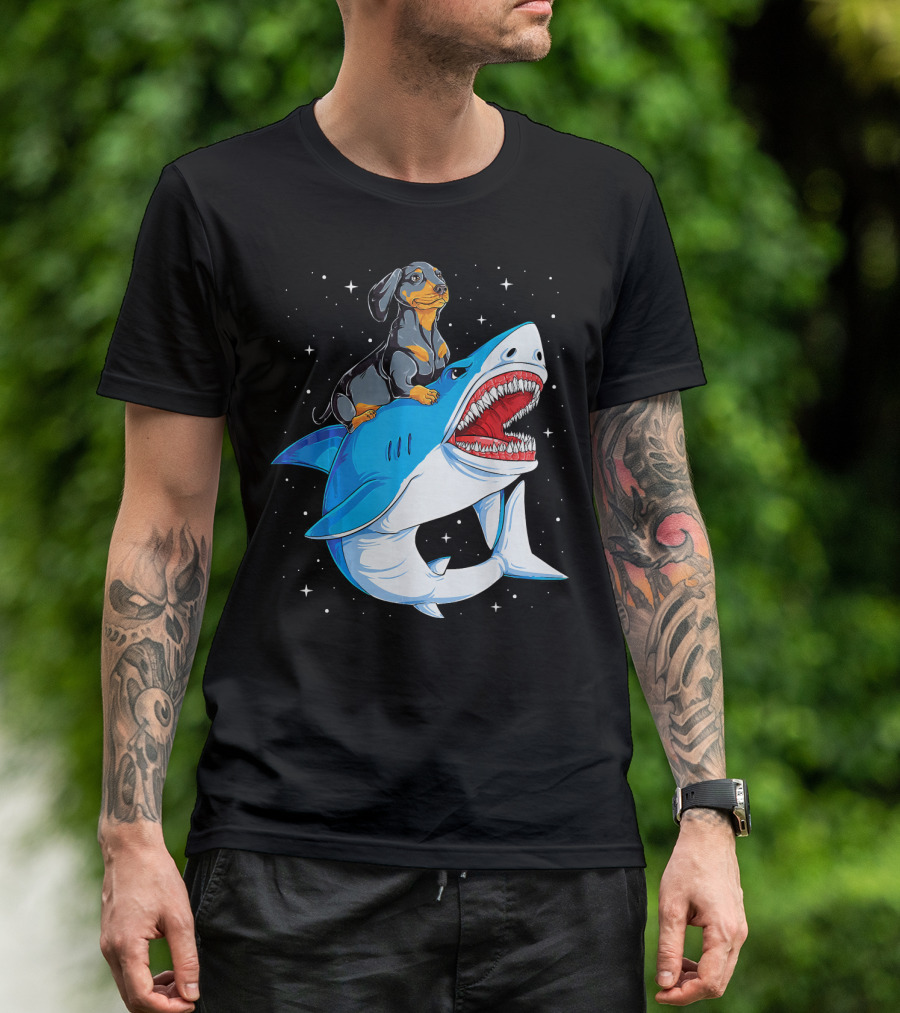 Dachshund Riding A Shark In Space Gala T-Shirt