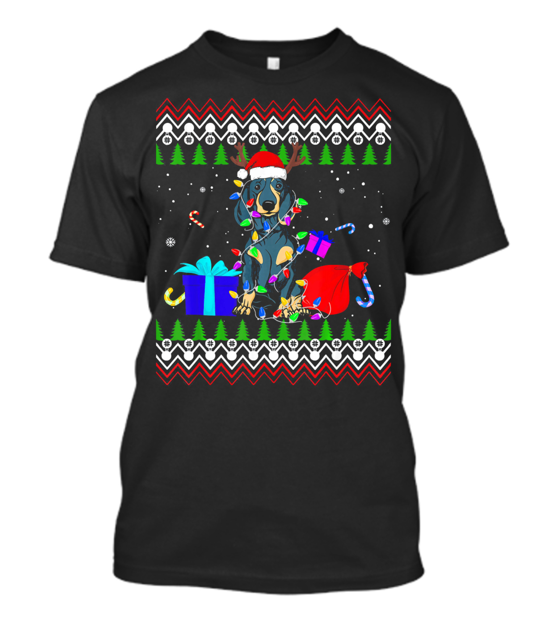 Dachshund Christmas Tree Lights Santa Hat Gifts Reindeer Antlers Snowflakes T-Shirt