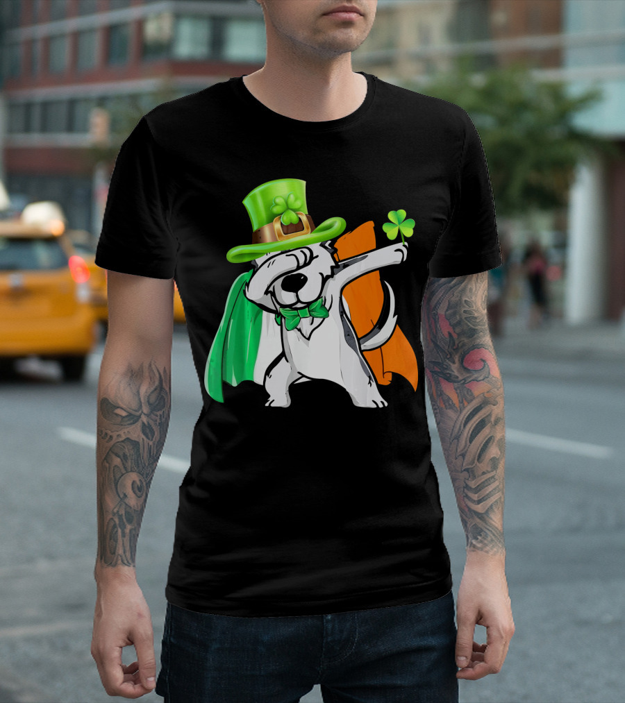 Dabbing Husky Wearing Irish Flag Cape and Shamrock Hat T-Shirt